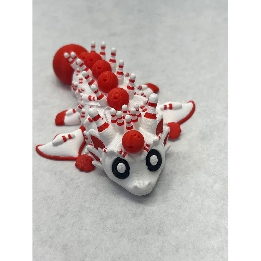 3D Printed Articulated Peppermint Dragon Fidget Toy Red Bowling 5.5in